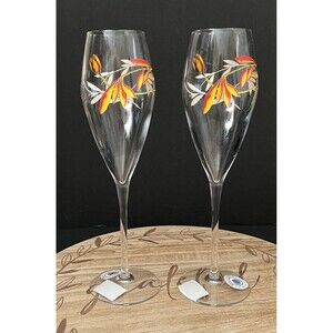 WDW Bellflower by Rachel Tribble Crystal Champagne Glasses Signed Luigi Bormioli
